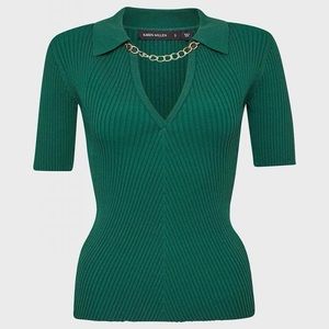 Karen Millen Knitted Rib Chain Detail Collared Top